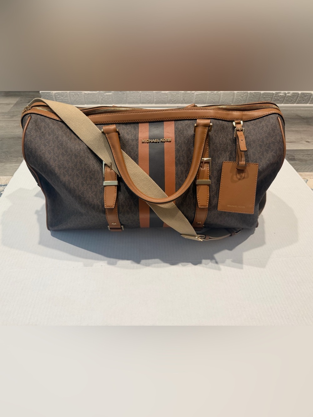 Michael Kors Bedford Travel Extra-Large Signature Logo Stripe Leather Duffel